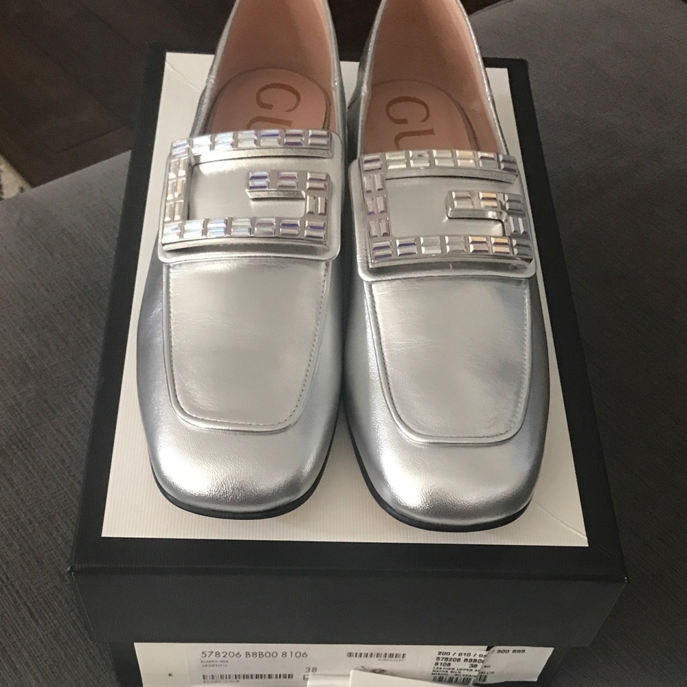 NIB Gucci Metallic Crystal Square G Loafers 38 - Picture 3 of 16
